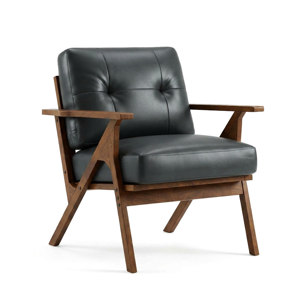 Mid-Century Leather Accent Chair with Wooden Arms