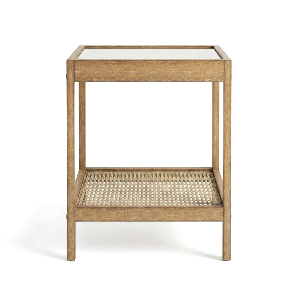 Glass Top End Table with Rattan Shelf