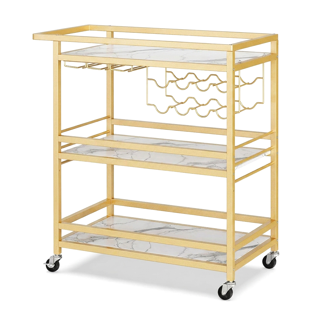 3-Tier Rolling Bar Cart with Wine Rack & Glass Holder