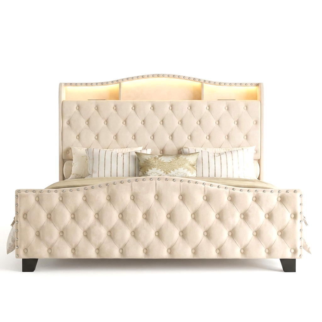 Velvet Wingback Bed Frame with LED Lights & Storage