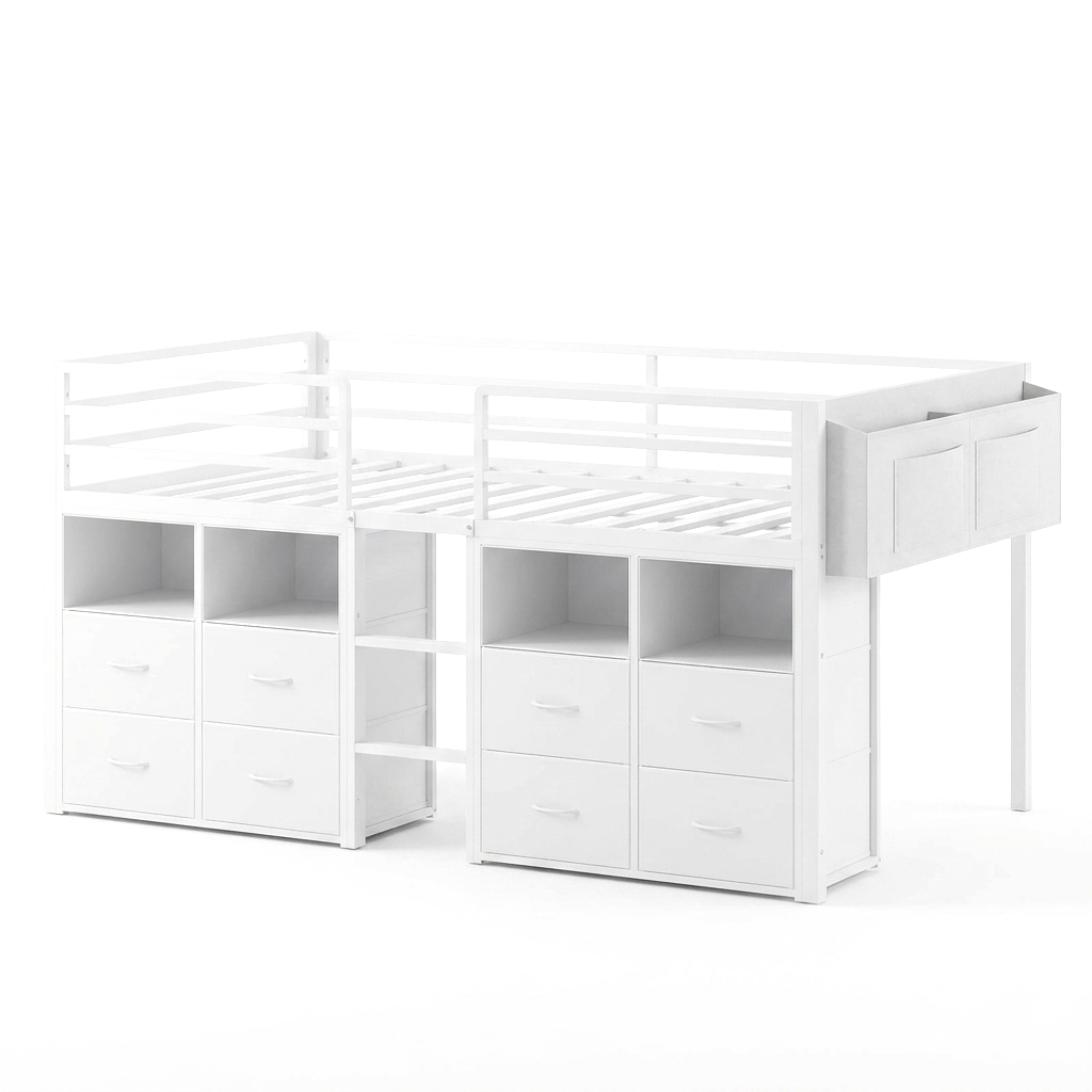 Kids Low Loft Bed Twin with Storage Drawers & LED Lights